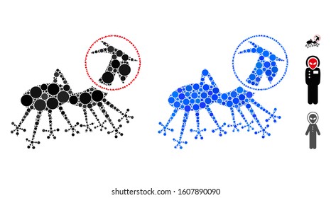 Alien creature space suit composition of circle elements in variable sizes and color tints, based on alien creature space suit icon. Vector random circles are grouped into blue composition.