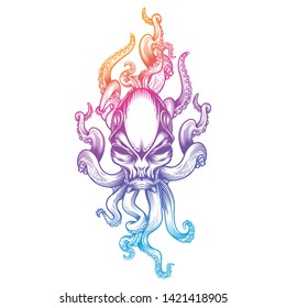 Alien creature with tentacles in blurple gradient color. Vector illustration in engraving technique for posters, t-shirt prints, tattoo, labels and stickers.