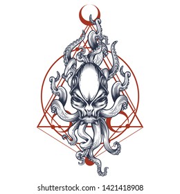 Alien creature with tentacles and sacred geometry ornament. Vector illustration in engraving technique for posters, t-shirt prints, tattoo, labels and stickers.