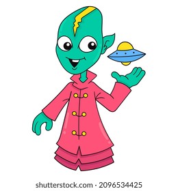 alien creatures playing with small ufo pesawat, vector illustration art. doodle icon image kawaii.