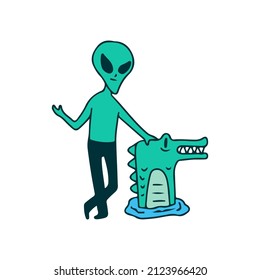 Alien and crocodile, illustration for t-shirt, sticker, or apparel merchandise. With doodle, retro, and cartoon style.