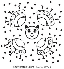 Alien. Crumpled paper texture. Vector illustration in grayscale. Children's drawing. Extraterrestrial, alien, et, face mystical lettering print. Black and white.