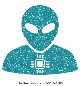 Alien Cyborg grainy textured icon for overlay watermark stamps. Flat symbol with dust texture. Dotted vector soft blue ink rubber seal stamp with grunge design on a white background.