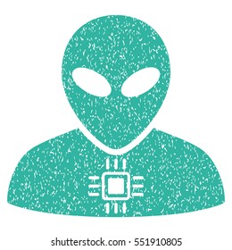 Alien Cyborg grainy textured icon for overlay watermark stamps. Flat symbol with scratched texture. Dotted vector cyan ink rubber seal stamp with grunge design on a white background.