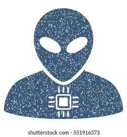 Alien Cyborg grainy textured icon for overlay watermark stamps. Flat symbol with dust texture. Dotted vector blue ink rubber seal stamp with grunge design on a white background.