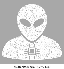 Alien Cyborg grainy textured icon for overlay watermark stamps. Flat symbol with scratched texture. Dotted vector white ink rubber seal stamp with grunge design on a silver background.