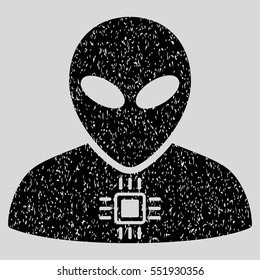 Alien Cyborg grainy textured icon for overlay watermark stamps. Flat symbol with dust texture. Dotted vector black ink rubber seal stamp with grunge design on a light gray background.