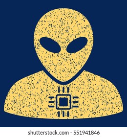 Alien Cyborg grainy textured icon for overlay watermark stamps. Flat symbol with dust texture. Dotted vector yellow ink rubber seal stamp with grunge design on a blue background.