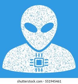 Alien Cyborg grainy textured icon for overlay watermark stamps. Flat symbol with dust texture. Dotted vector white ink rubber seal stamp with grunge design on a blue background.