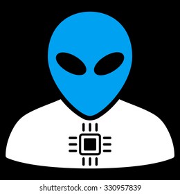 Alien Cyborg vector icon. Style is flat bicolor blue and white symbol, rounded angles, black background.