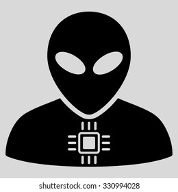 Alien Cyborg vector icon. Style is flat black symbol, rounded angles, light gray background.