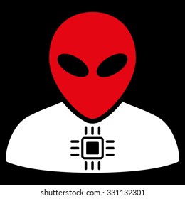 Alien Cyborg vector icon. Style is flat bicolor red and white symbol, rounded angles, black background.