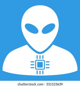 Alien Cyborg vector icon. Style is flat white symbol, rounded angles, blue background.