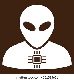 Alien Cyborg vector icon. Style is flat white symbol, rounded angles, brown background.