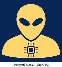 Alien Cyborg vector icon. Style is flat yellow symbol, rounded angles, blue background.