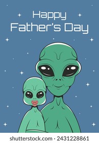 Alien dad with baby. Retro style card for Father's day. Vector illustration