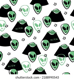 Alien, dark theme print. Halloween, horror, supernatural. UFO, flying saucer and abduction. Green, black and white, 3 colors. background, backdrop texture. Seamless pattern vector design.