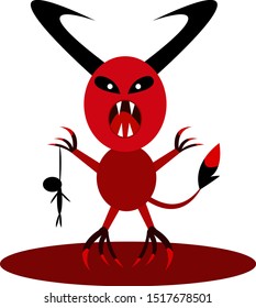alien demon with horns and sharp fangs stands in a pool of blood and holds in the claw of the dead man halloween and fiction object concept on a white background