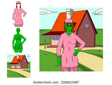 alien disguised as a nurse. illustration of alien woman characters