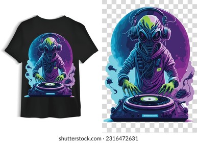 An Alien as a DJ at the Turntable Playing Music, T-shirt Illustration, Alien Vector, Alien Vector Illustration Art, Alien Illustration, Transparent T-shirt Vector Art