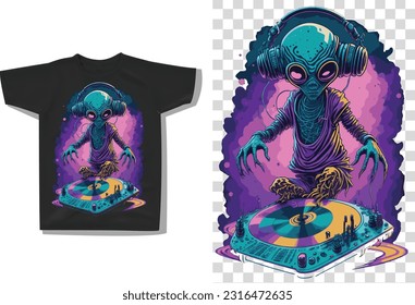 An Alien as a DJ at the Turntable Playing Music, T-shirt Illustration, Alien Vector, Alien Vector Illustration Art, Alien Illustration, Transparent T-shirt Vector Art