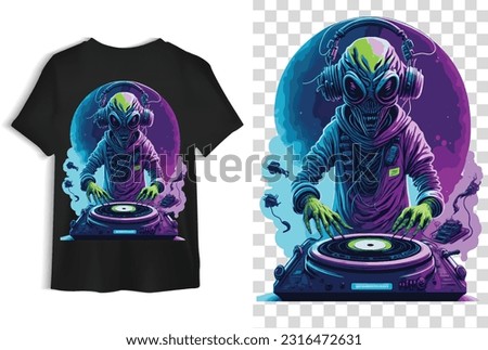 An Alien as a DJ at the Turntable Playing Music, T-shirt Illustration, Alien Vector, Alien Vector Illustration Art, Alien Illustration, Transparent T-shirt Vector Art
