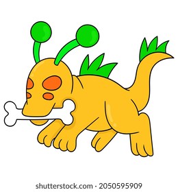 alien dog is running bone, vector illustration art. doodle icon image kawaii.
