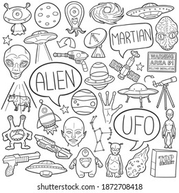 Alien doodle icon set. UFO Vector illustration collection. Conspiracy Banner Hand drawn Line art style.