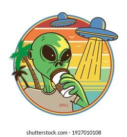 alien drinking coffee at beach on summer vector illustration flat cartoon style