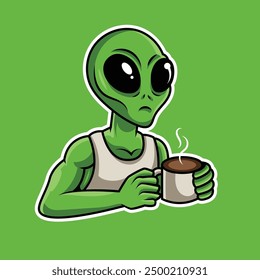 Alien Drinking Coffee Cartoon Mascot Logo Illustration