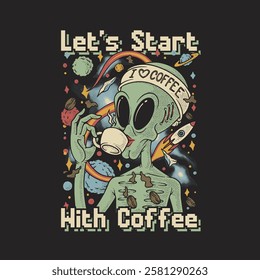 alien drinking coffee retro cartoon illustration
