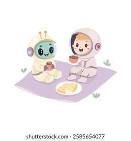 Alien drinking tea with astronaut, cute illustration on white background.