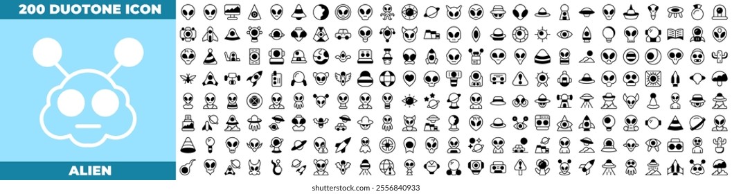 Alien Duotone Editable Icons set. Vector illustration in modern thin duotone style of alien icons: planet earth, observatory, alien, etc