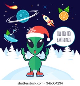 Alien earthlings wishes merry Christmas and happy new year. A set of space elements. Great vector holiday card