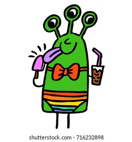 Alien. Eat. Ice cream. Vector graphic art for design.
