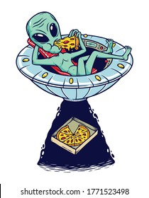 alien eat pizza vector illustration