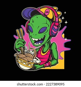 alien eat ramen vector art 