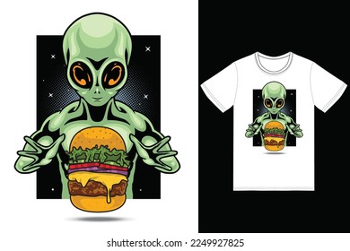 Alien eating burger illustration with tshirt design premium vector the Concept of Isolated Technology. Flat Cartoon Style Suitable for Landing Web Pages,T shirt, Flyers, Stickers