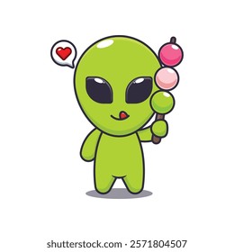 alien eating dango. mascot cartoon character vector illustration. design element for poster, brochure, web, mascot, sticker, logo and icon.