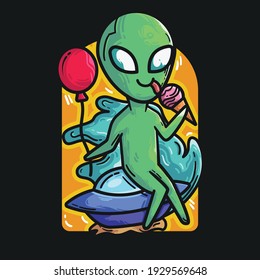 Alien Eating Ice Cream in the Beach with UFO Vector Illustration and T-Shirt Design. Suitable for merchandise : t-shirt, pin, sticker, etc.