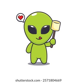 alien eating marshmallow. mascot cartoon character vector illustration. design element for poster, brochure, web, mascot, sticker, logo and icon.