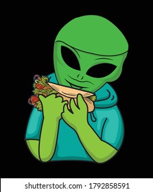 Alien eating sandwich vector illustration