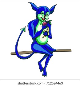 The alien eats a healthy apple and banana he is a vegetarian. A fantastic animal eats and sits on a branch.