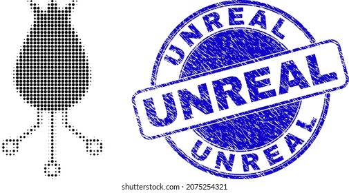 Alien egg circuit halftone dotted icon with Unreal seal. Blue vector round distress watermark with Unreal message inside round form. Halftone alien egg circuit icon array contains round elements.
