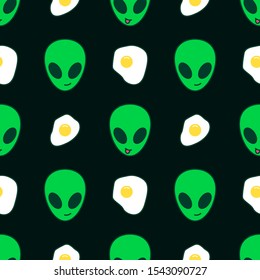 Alien and eggs on dark background. Funny seamless pattern for printing on textiles, wallpaper.