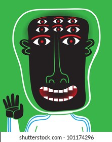 alien with eight eyes and glass helmet