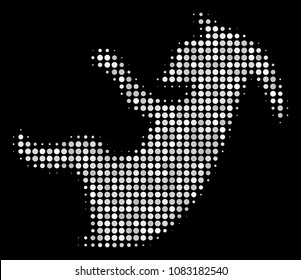 Alien embryo halftone vector icon. Illustration style is dot iconic alien embryo symbol on a black background. Halftone texture is constructed of circle blots.