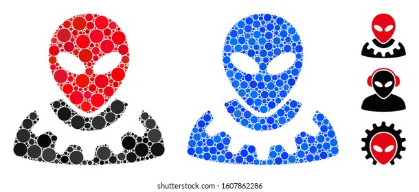 Alien engineer composition of filled circles in various sizes and shades, based on alien engineer icon. Vector random circles are combined into blue composition.