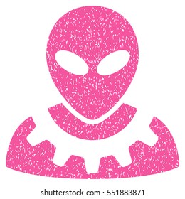 Alien Engineer grainy textured icon for overlay watermark stamps. Flat symbol with dirty texture. Dotted vector pink ink rubber seal stamp with grunge design on a white background.