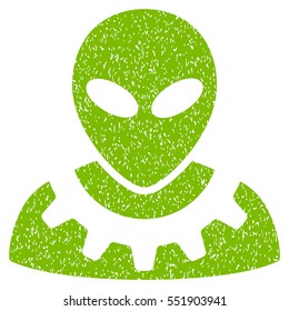 Alien Engineer grainy textured icon for overlay watermark stamps. Flat symbol with unclean texture. Dotted vector eco green ink rubber seal stamp with grunge design on a white background.
